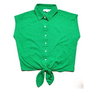 Loft XS Green Tie Front Button Up Blouse Cap Sleeve Textured Cotton Top